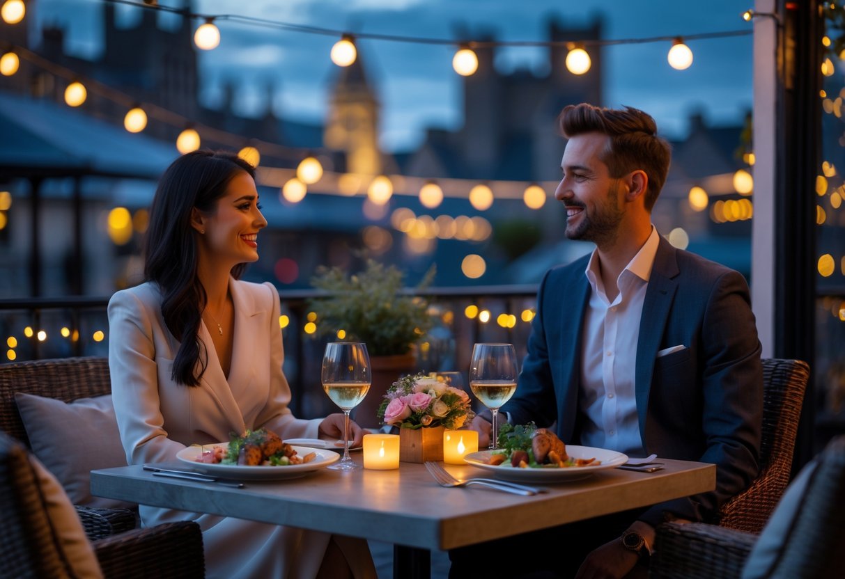 A couple enjoying a romantic outdoor dinner at a restaurant terrace in Leeds during twilight with city buildings in the background.