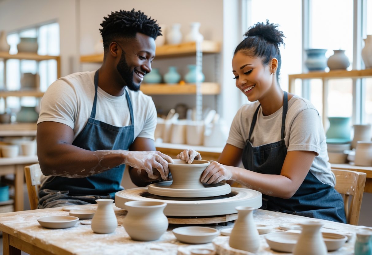A couple working together on pottery wheels in a bright pottery studio filled with shelves of ceramics and art supplies.