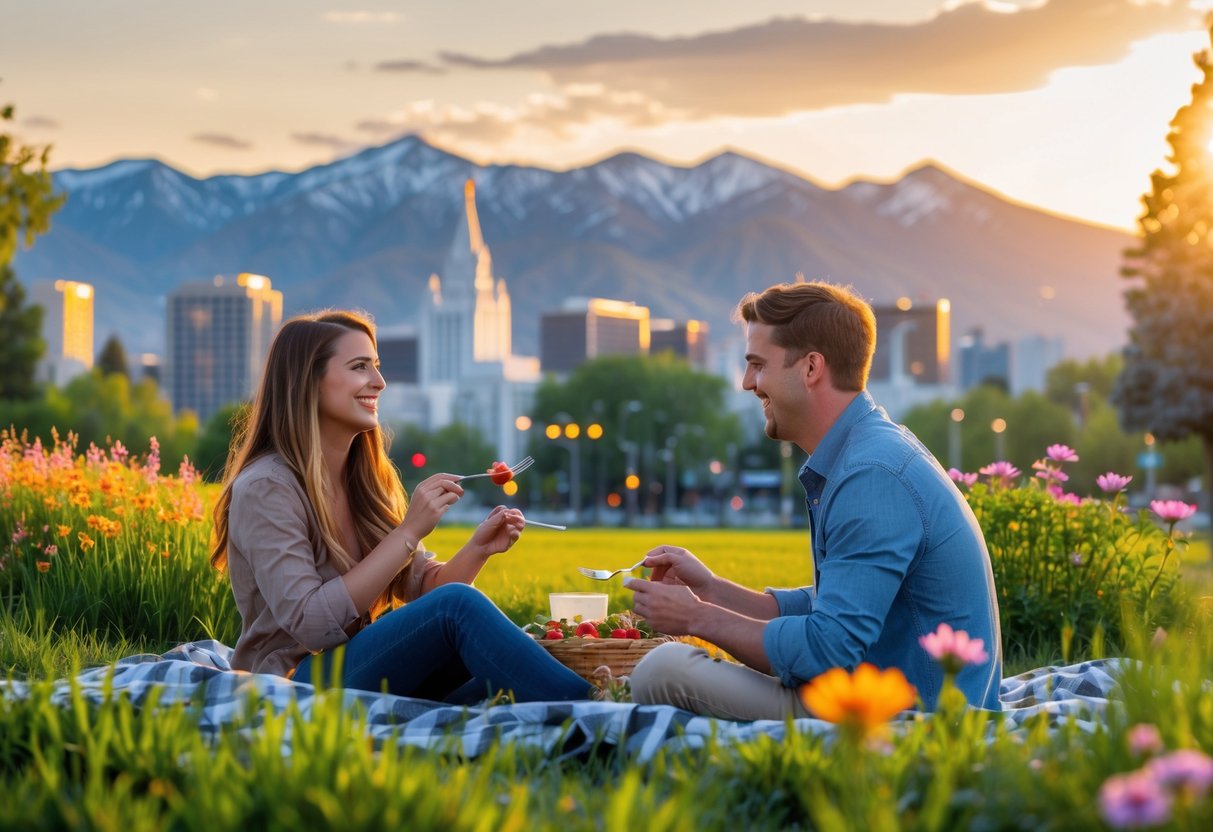 A couple enjoying a sunset picnic in a park with mountains and city skyline in the background.
