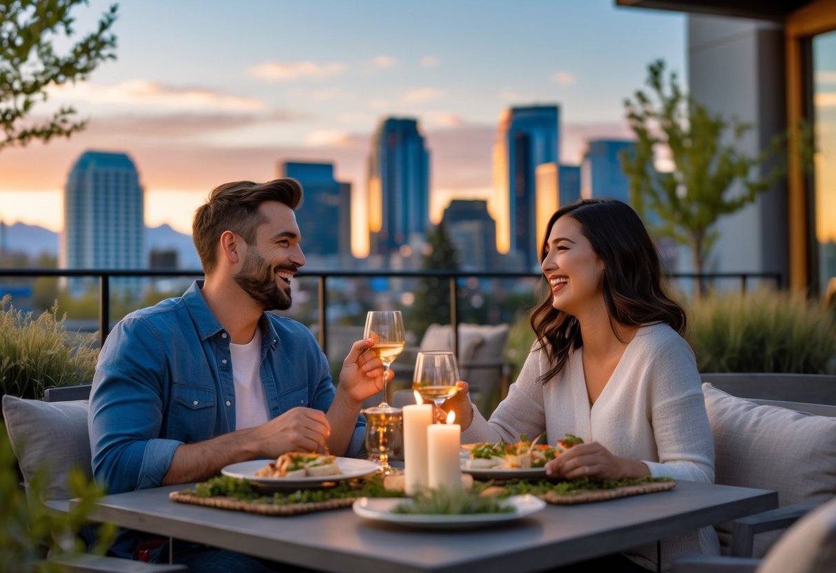 A couple enjoying a romantic outdoor dinner with the Salt Lake City skyline and mountains in the background.