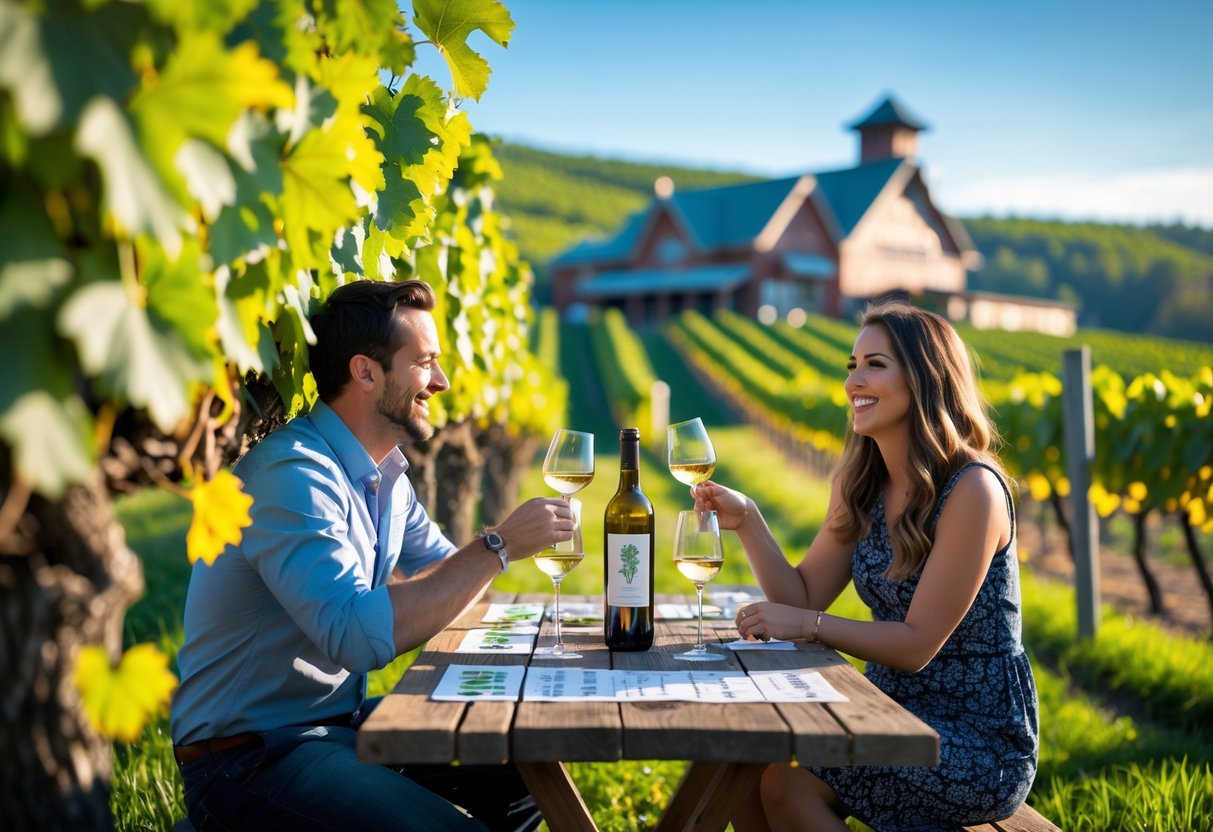A couple enjoying wine tasting outdoors at a vineyard and brewery surrounded by grapevines.