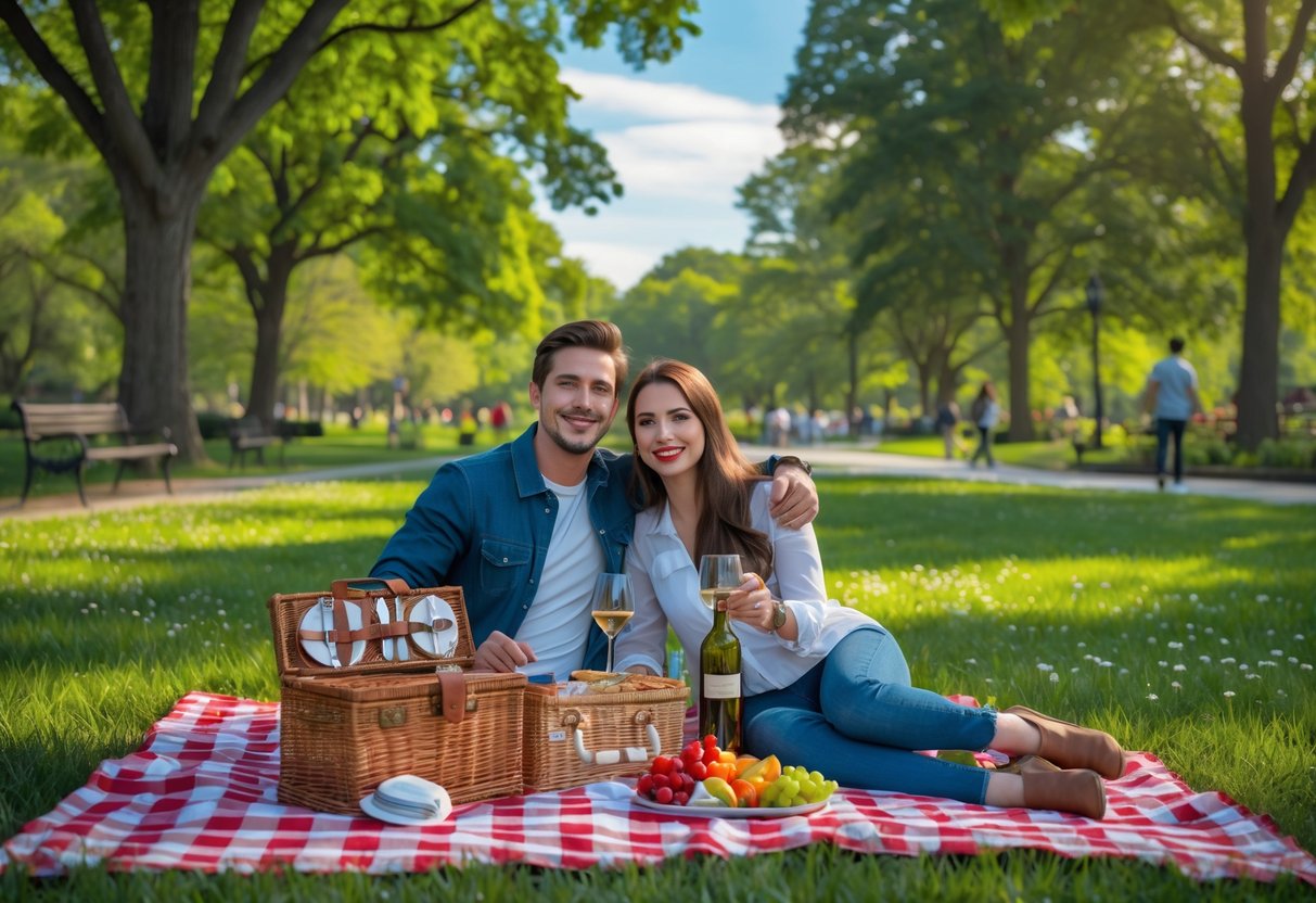 A young couple enjoying a picnic on a blanket in a green park with trees and flowers around them.