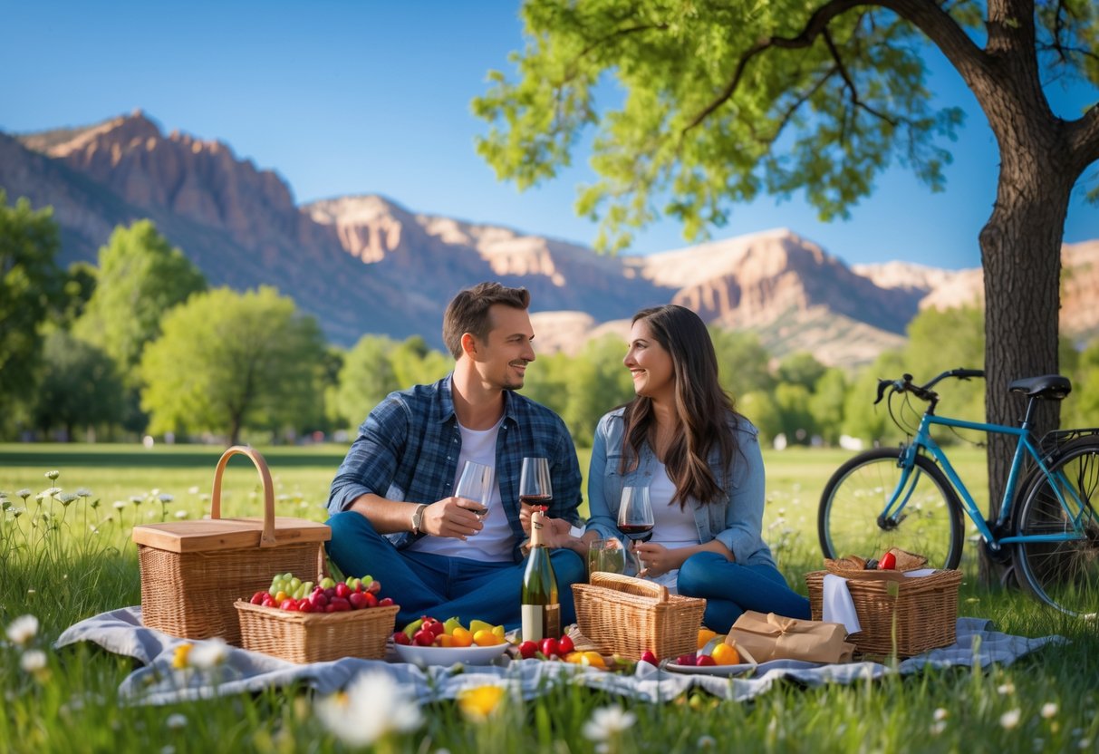 A young couple having a picnic outdoors in a green park with mountains in the background.