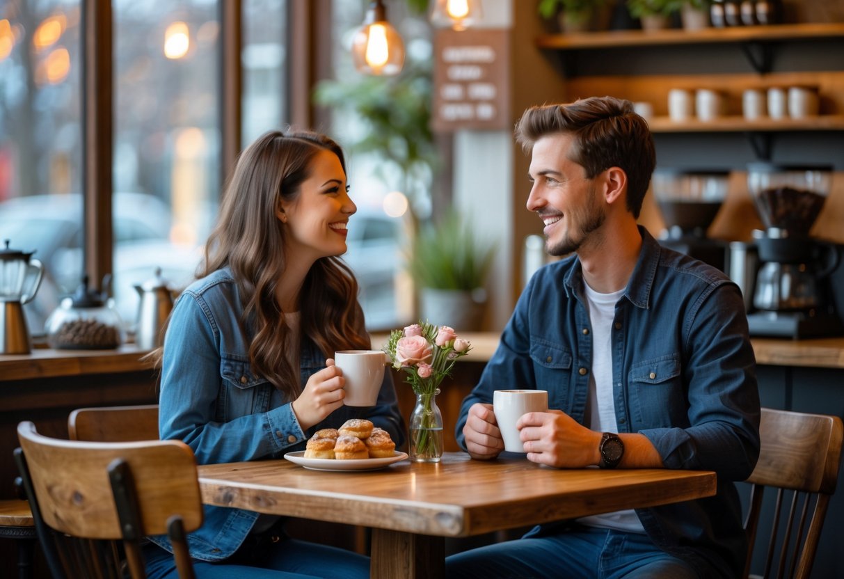 A young couple enjoying coffee together at a cozy cafe table with pastries and flowers.