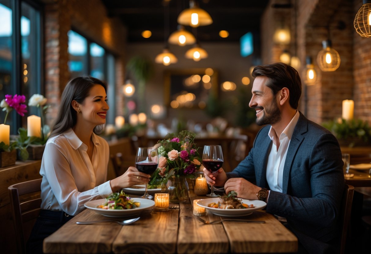 A couple enjoying a romantic dinner at a cozy restaurant with warm lighting and rustic decor.