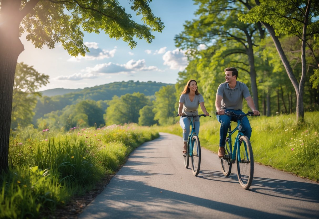A young couple riding bicycles together on a tree-lined trail surrounded by greenery and wildflowers.