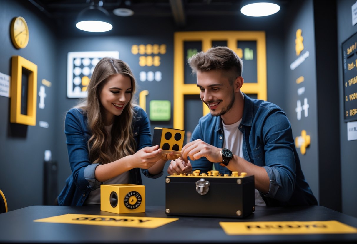 A young couple working together on a puzzle inside an escape room.