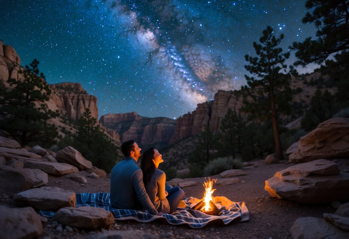A couple sitting on a blanket in Logan Canyon at night, looking up at a star-filled sky with mountains and trees around them.