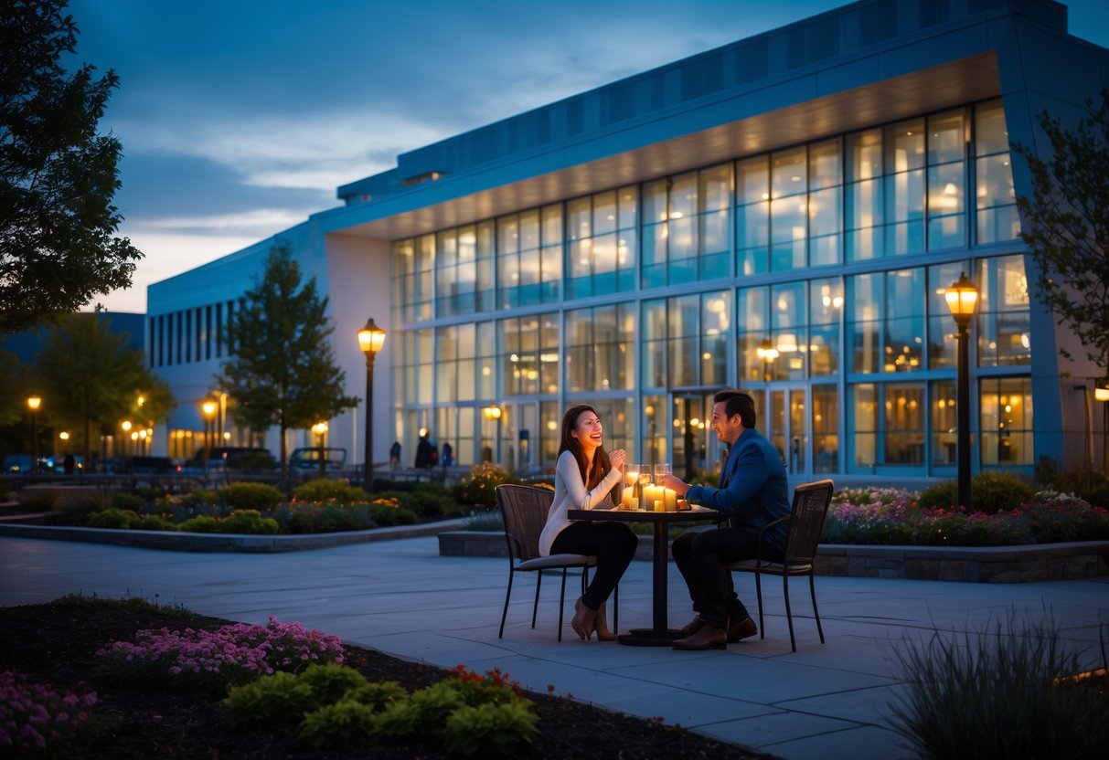 A young couple enjoying a romantic evening date outside a modern building with glowing windows and warm street lighting.