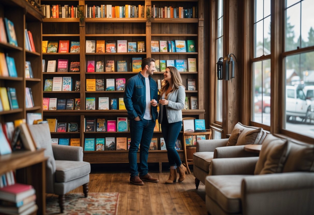 A young couple browsing books together inside a cozy bookstore with wooden shelves and comfortable seating.