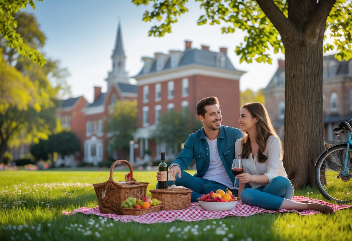 A young couple having a picnic in a park with historic buildings in the background on a sunny day.