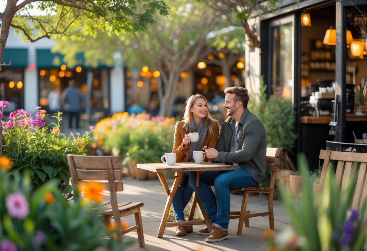 A young couple enjoying coffee together at an outdoor garden café surrounded by plants and flowers.