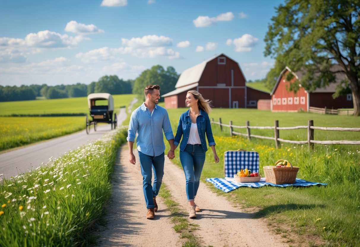 A smiling couple walking hand-in-hand along a rural path with green fields, a red barn, and a horse-drawn buggy in the background.