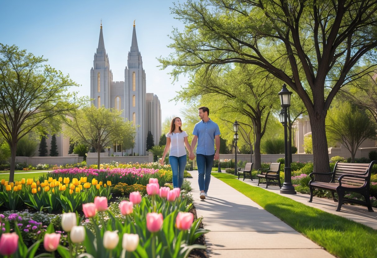 A young couple walking hand in hand through colorful gardens with the Logan Utah Temple visible in the background.