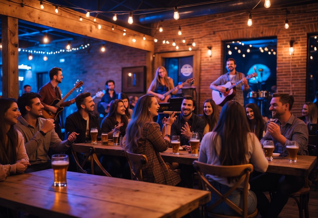 Couples and friends enjoying live music at a cozy indoor venue with a band playing on stage.