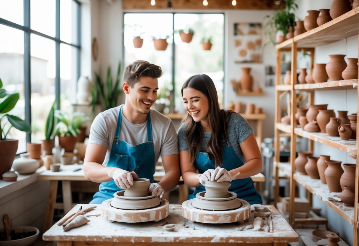 A young couple shaping clay on pottery wheels together in a bright and cozy pottery studio.