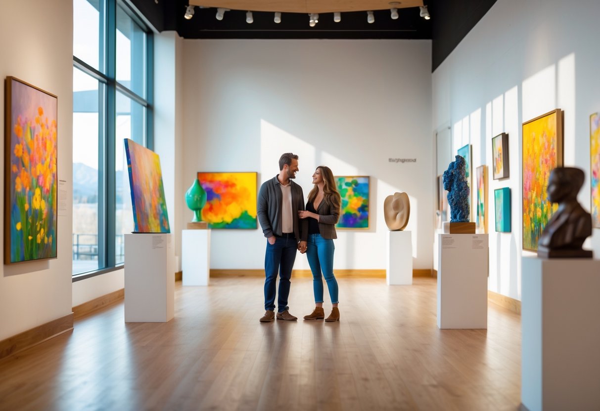A couple looking at artwork inside an art gallery with paintings and sculptures displayed around them.
