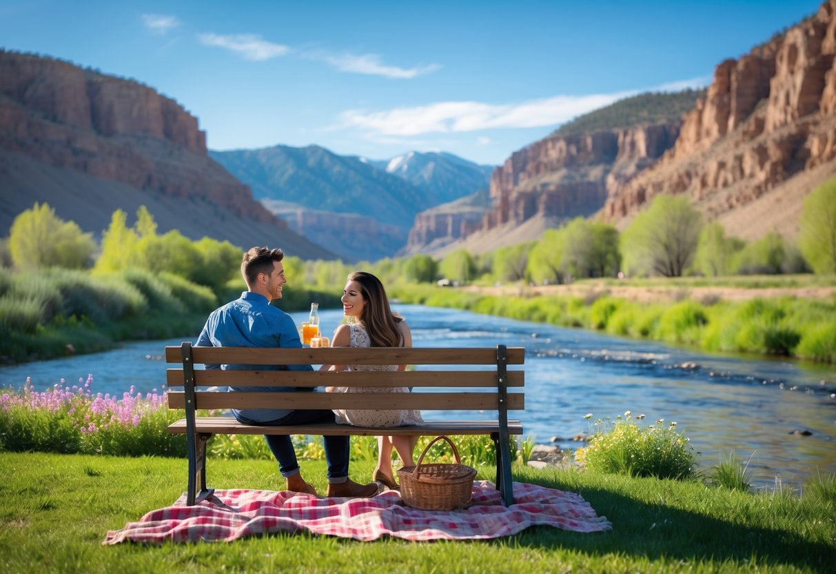 A couple enjoying a picnic by a river with mountains and greenery in the background.