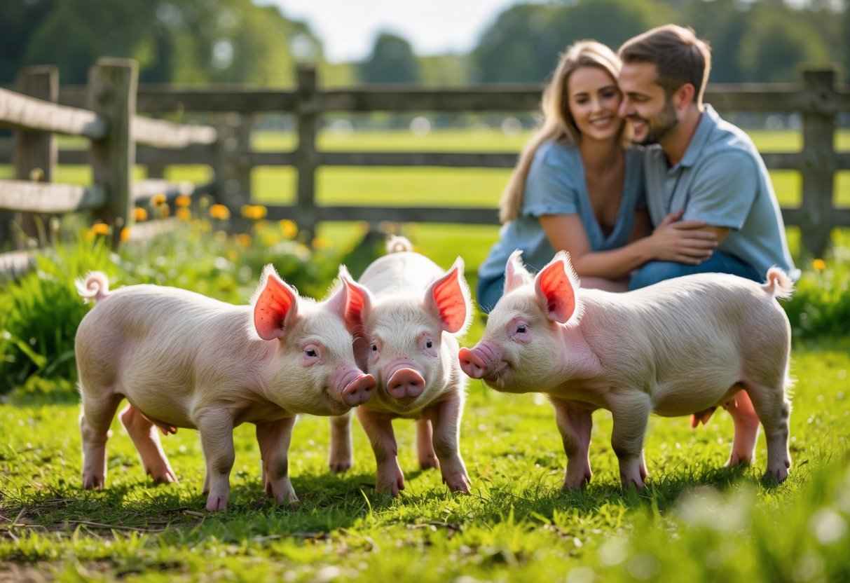 A young couple enjoying a sunny day at a farm with playful piglets in a green pasture.