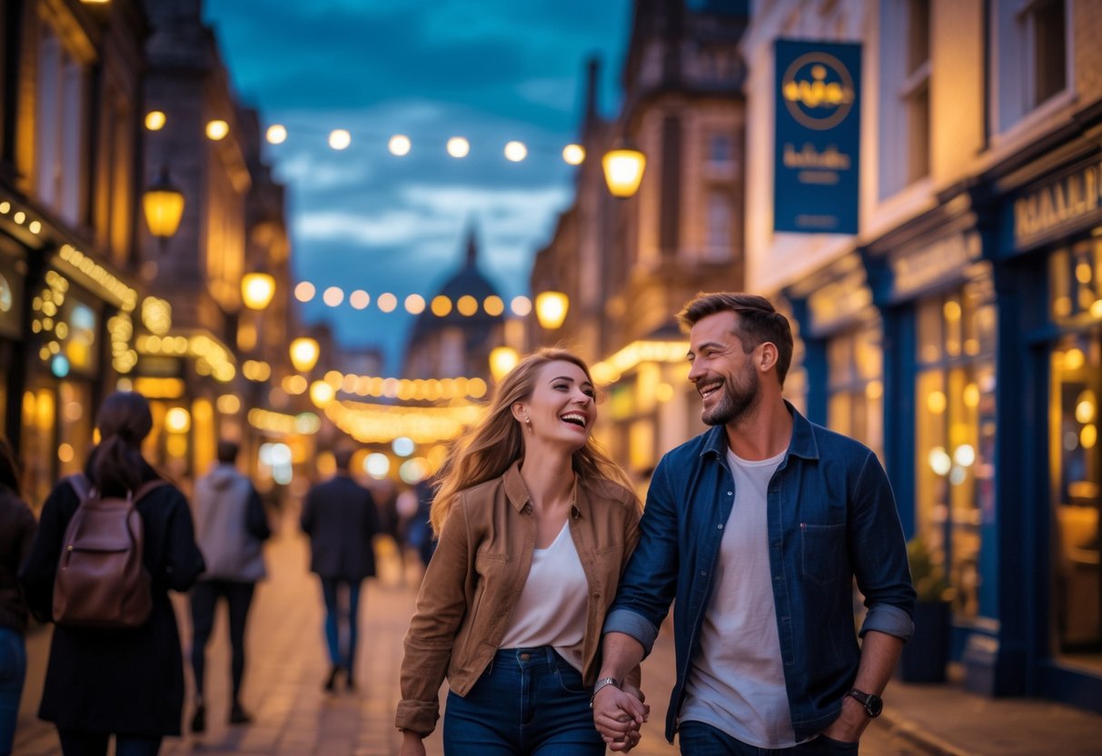 A couple walking hand-in-hand on a lively street in Leeds at night, smiling and enjoying their date.