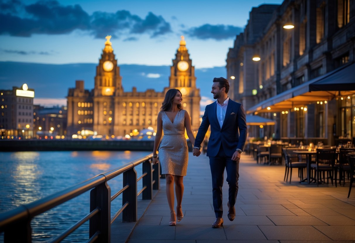 A couple walking hand in hand along Liverpool waterfront at sunset with the Royal Liver Building and River Mersey in the background.
