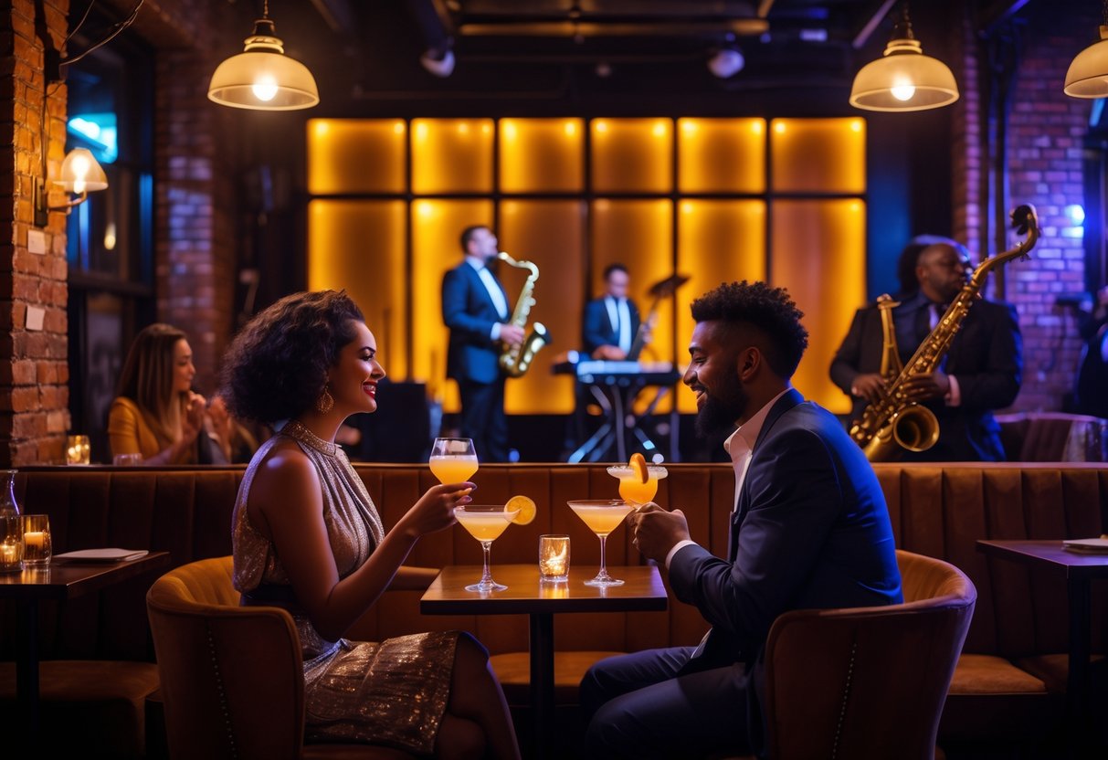 A couple enjoying cocktails at a table inside a jazz club with a live band performing on stage.