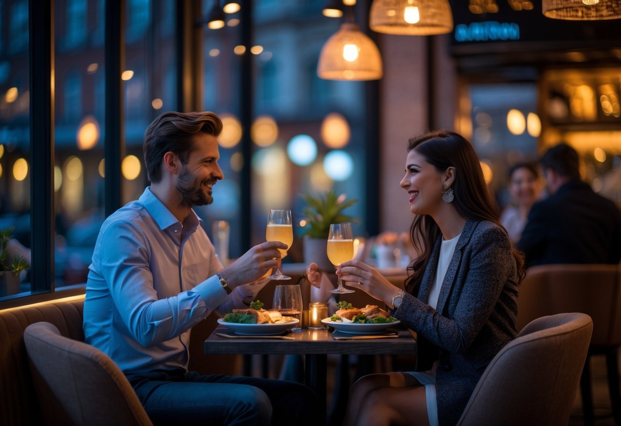 A couple enjoying dinner and drinks together at a cozy café table in the evening.