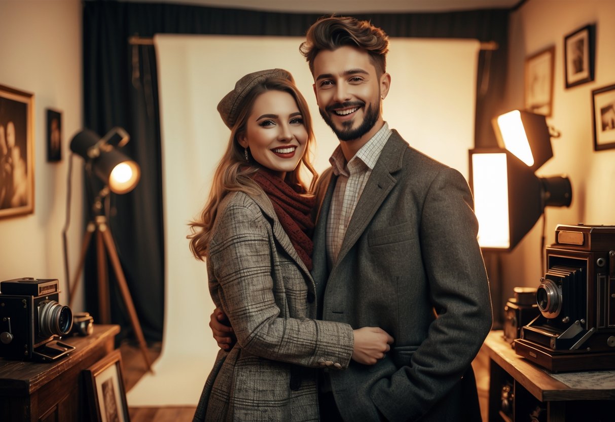 A young couple dressed in vintage clothing posing together inside a photography studio with antique cameras and vintage props.