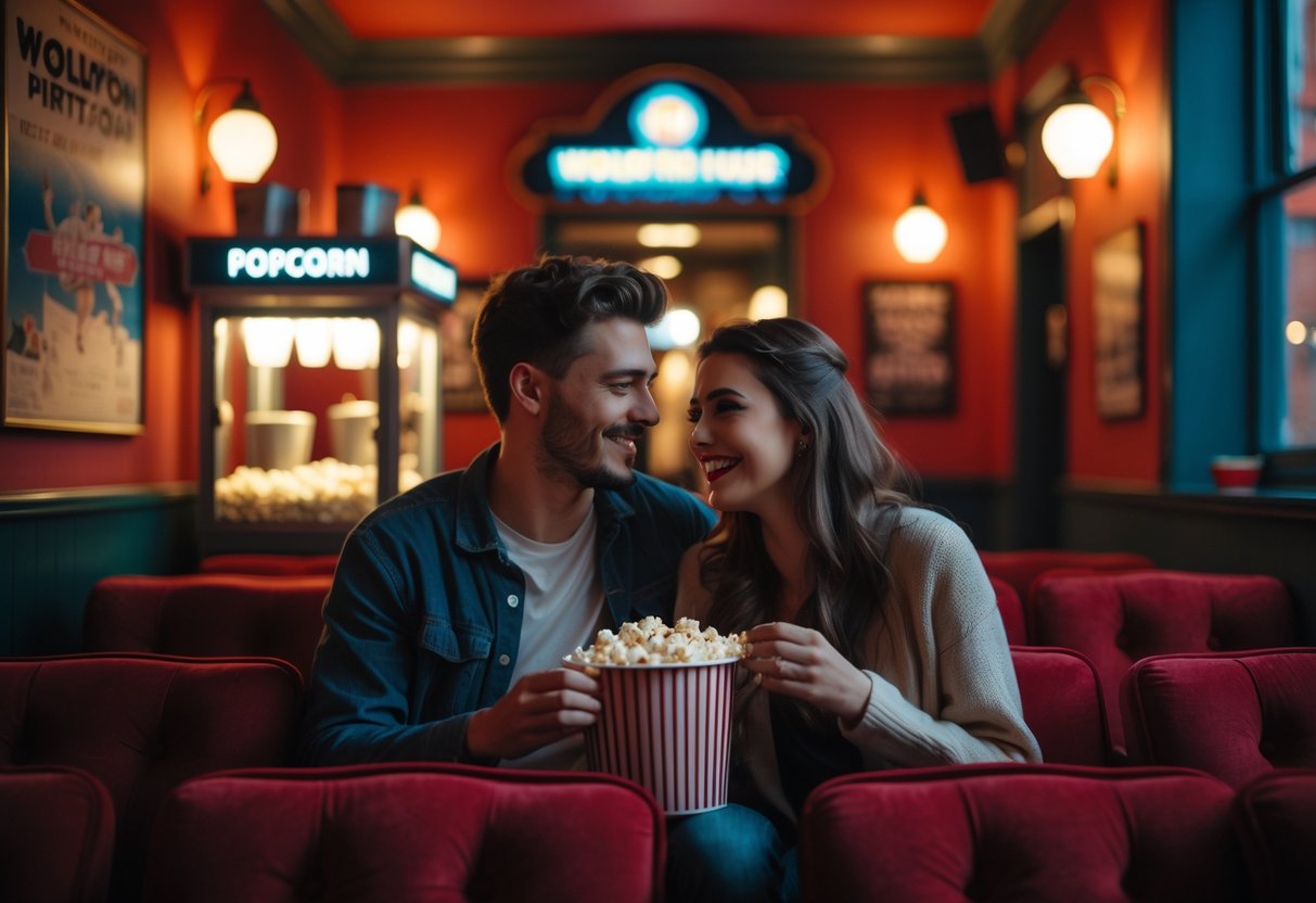 A young couple sitting together in a cozy vintage cinema with red velvet seats, sharing popcorn and enjoying a movie night.