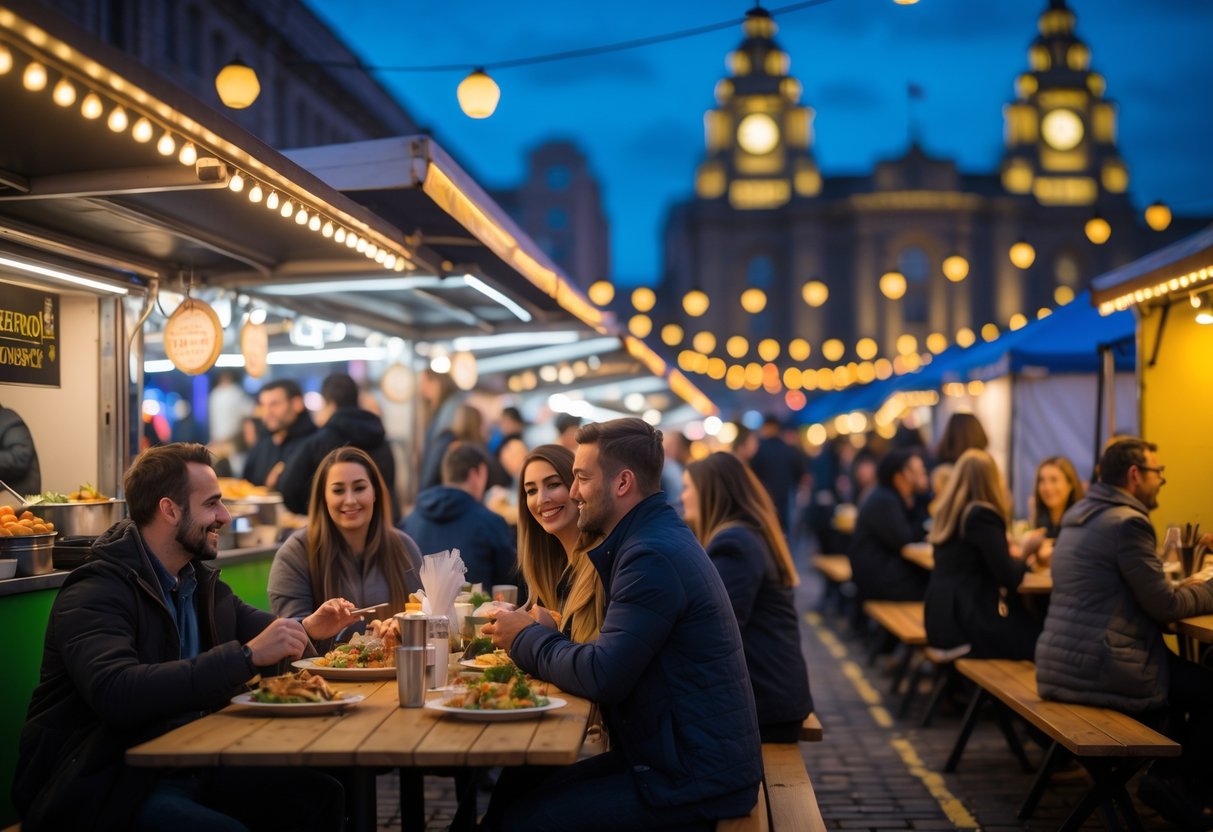 Couples enjoying street food at a busy outdoor market in Liverpool during the evening.
