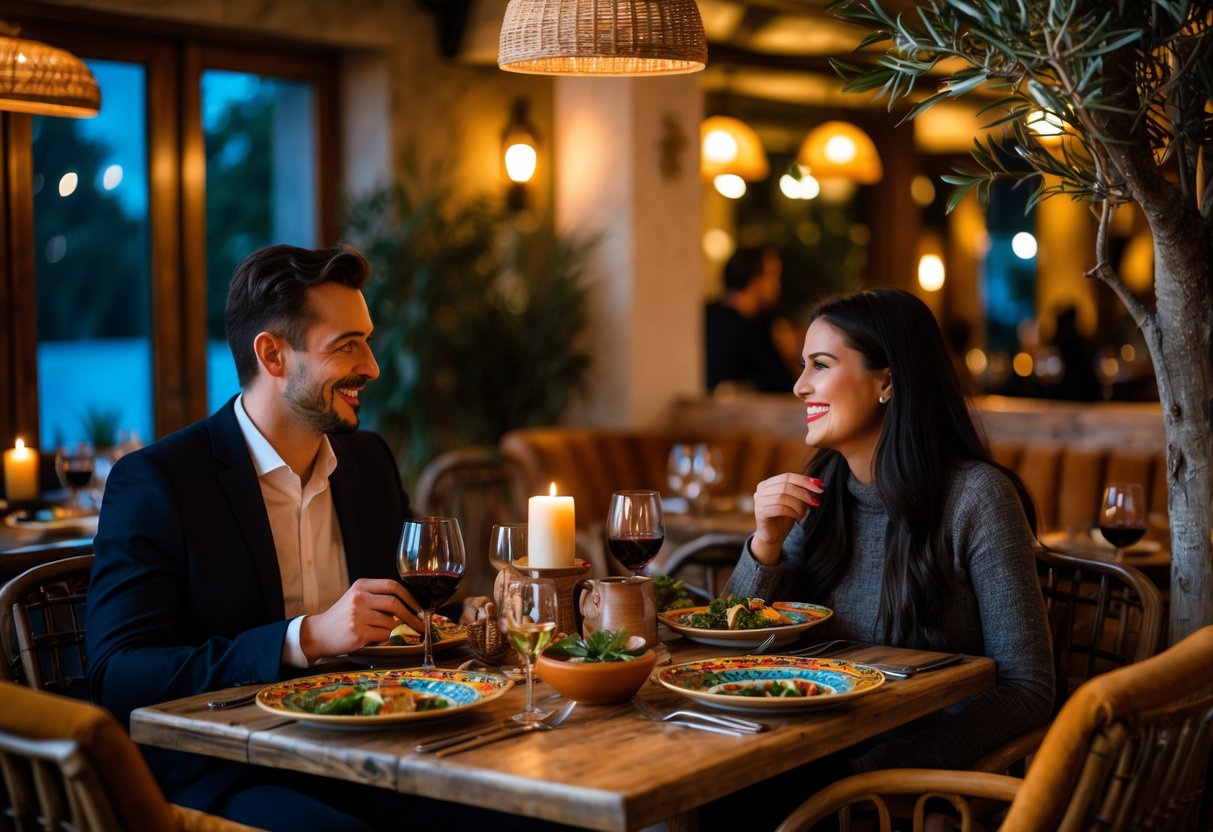A couple enjoying a romantic dinner at a Mediterranean restaurant with warm lighting and elegant table setting.