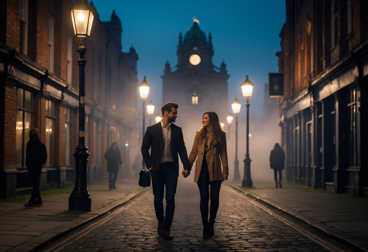 A couple walking hand in hand along a dimly lit historic street in Liverpool at dusk with vintage street lamps and light fog around them.