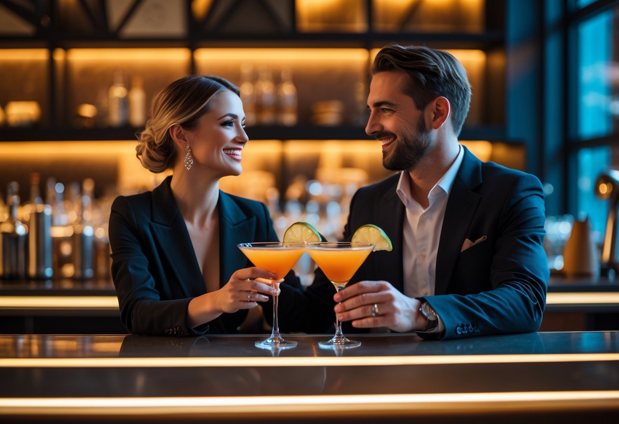 A couple enjoying cocktails together at a bar inside The Lowry in Liverpool.