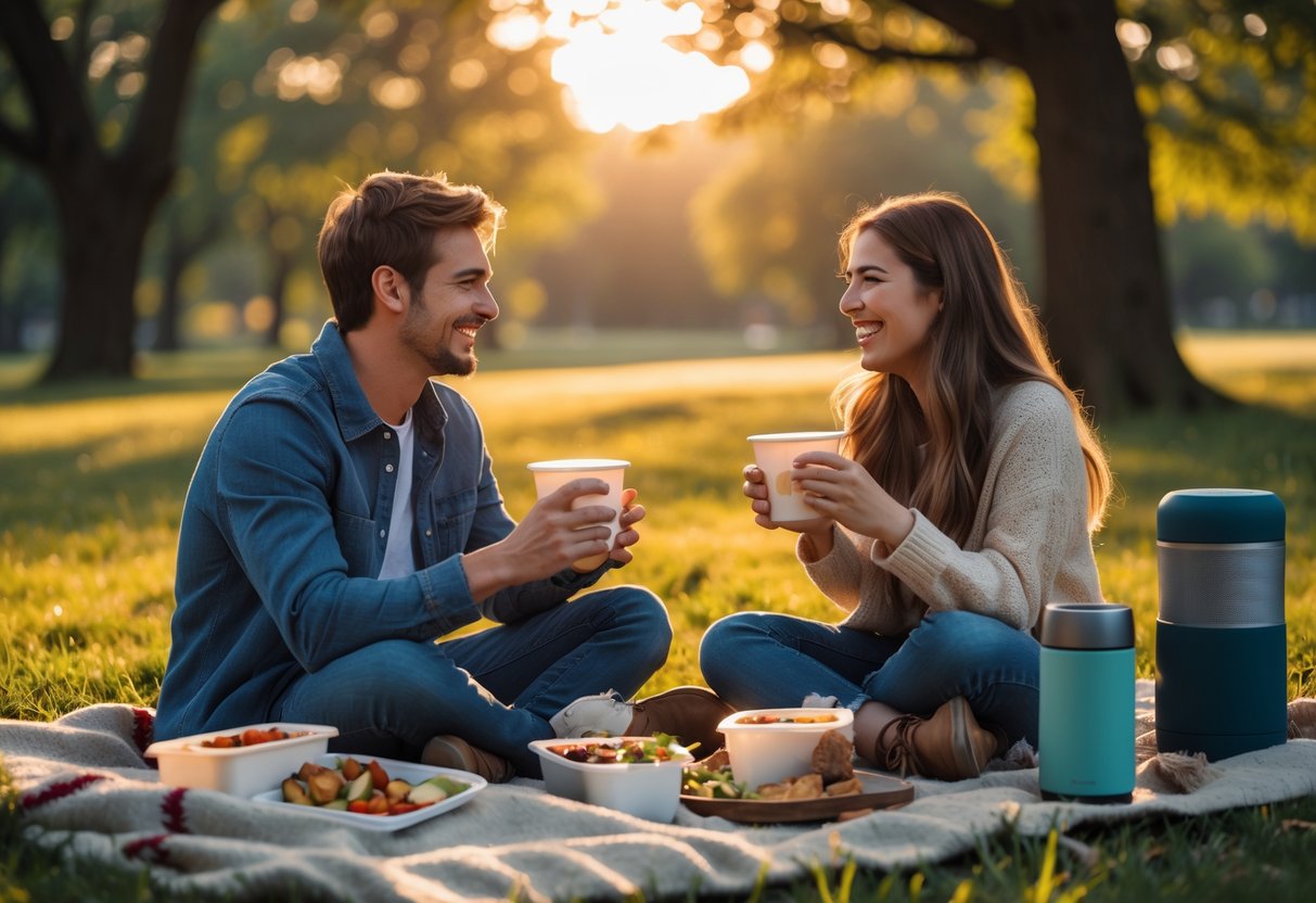 A young couple sitting on a picnic blanket in a park, sharing a meal and enjoying each other's company.