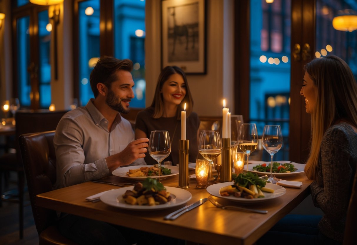 A couple enjoying a cozy dinner together at a warmly lit restaurant table with food and wine.