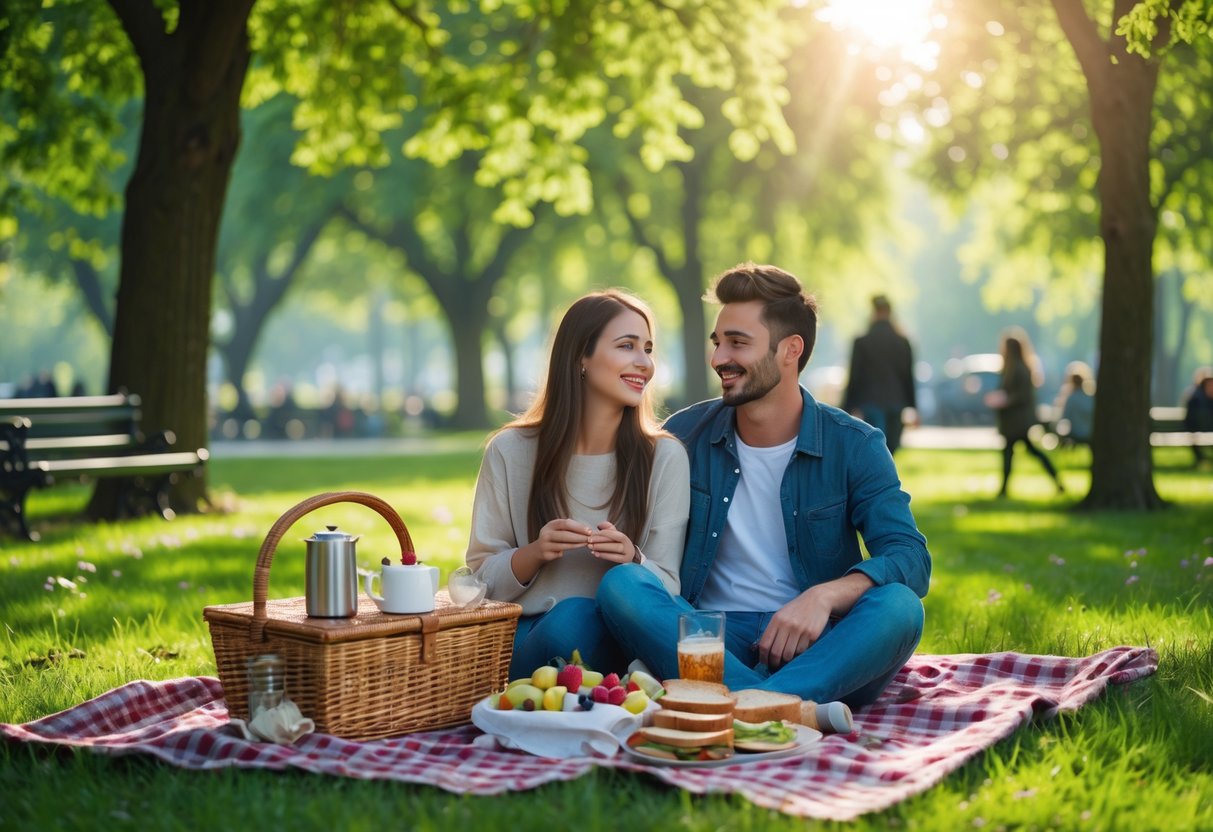 A young couple enjoying a picnic on a blanket in a green park with homemade snacks.