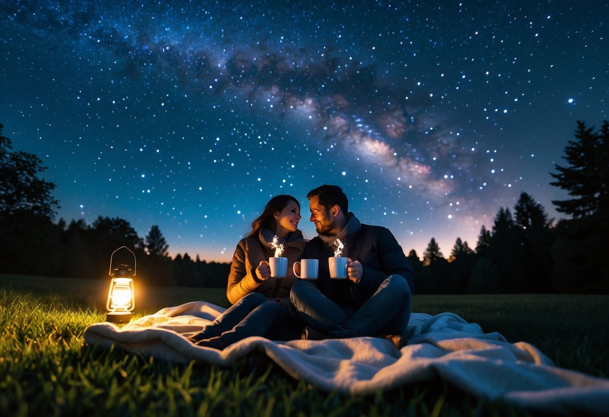 A couple sitting on a blanket outdoors at night, holding hot drinks and looking at the starry sky.