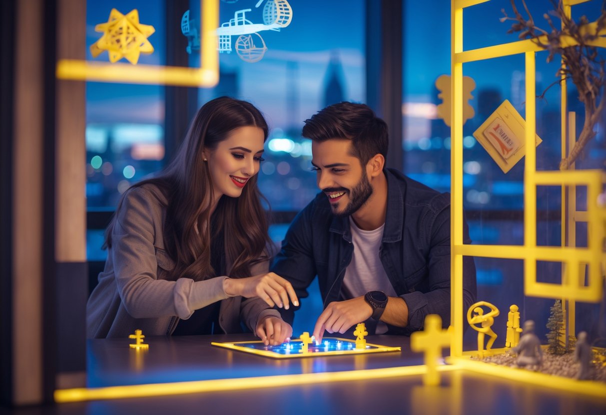 A young couple working together to solve puzzles inside an escape room with city elements visible in the background.