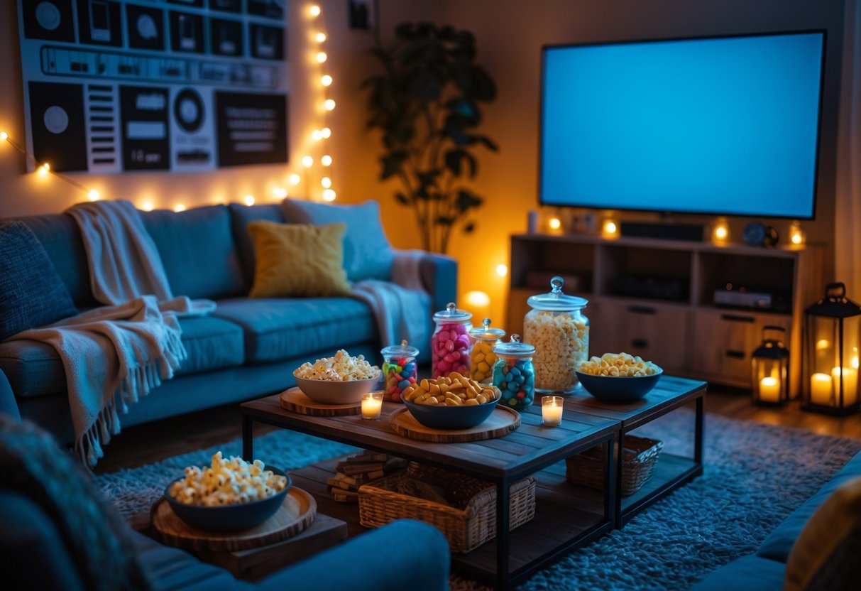 Cozy living room with a sofa, snack bar featuring popcorn and candy, warm lighting, and a TV for a movie night at home.