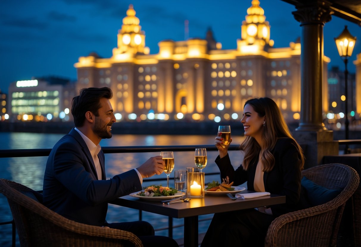 A couple enjoying a romantic dinner outdoors by the Liverpool waterfront with the Royal Liver Building lit up in the background at night.
