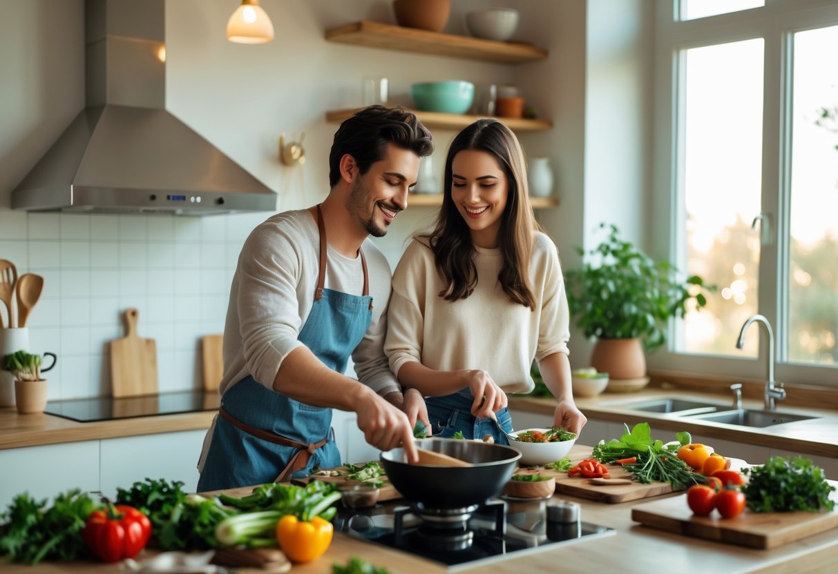 A young couple cooking together in a kitchen, preparing a meal from fresh ingredients.
