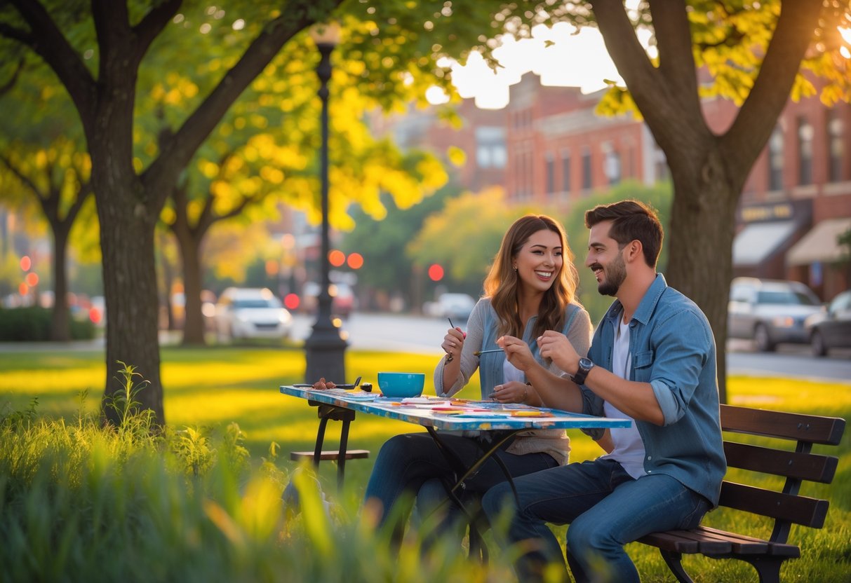 A young couple painting together on a bench in a green park with city buildings in the background during sunset.