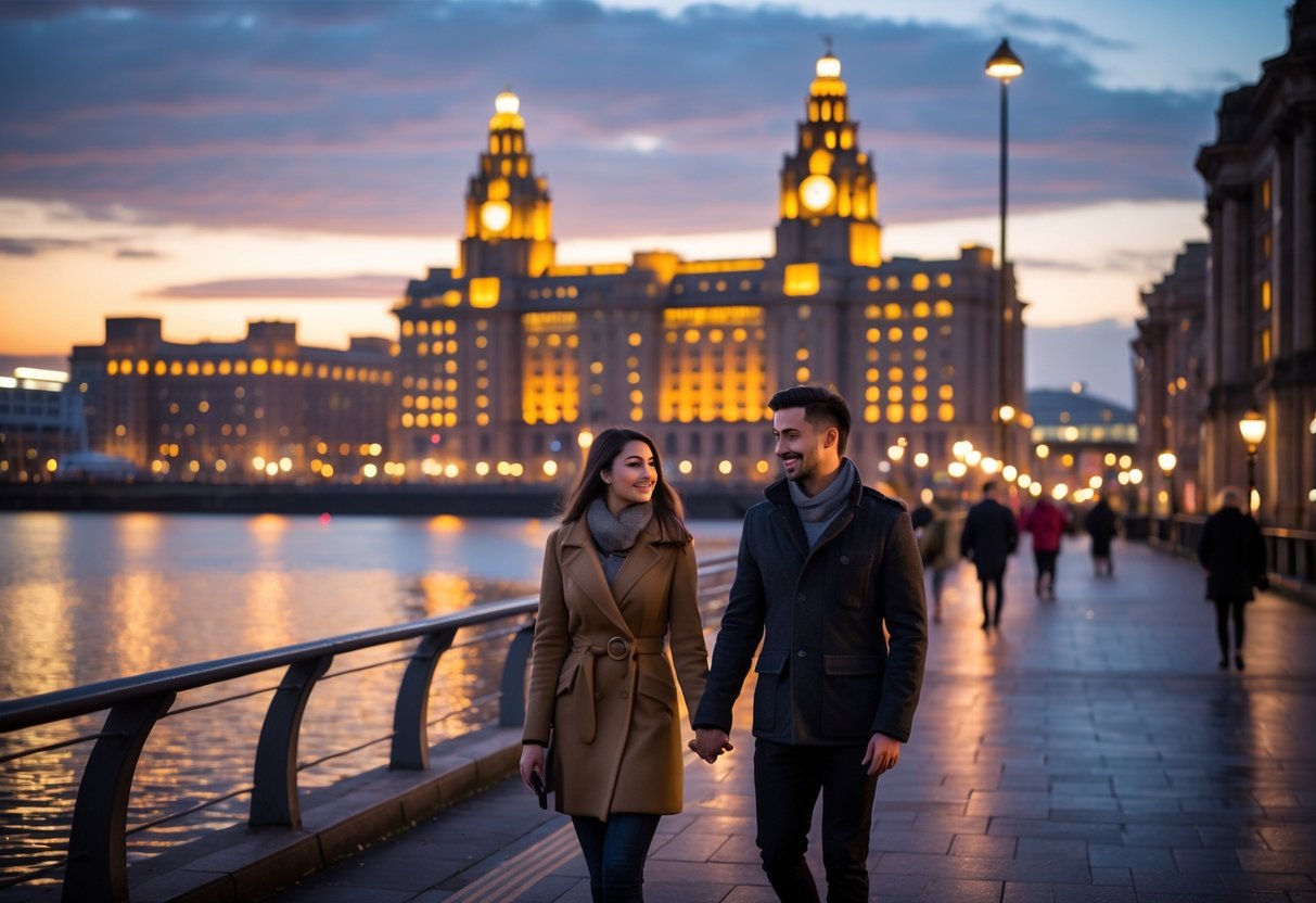 A young couple walking hand in hand along Liverpool waterfront at sunset with city lights and the Royal Liver Building in the background.