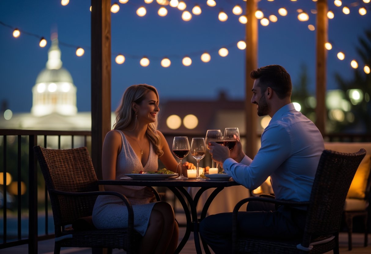 A couple enjoying a romantic dinner at a cozy outdoor patio with warm lighting and a cityscape in the background.