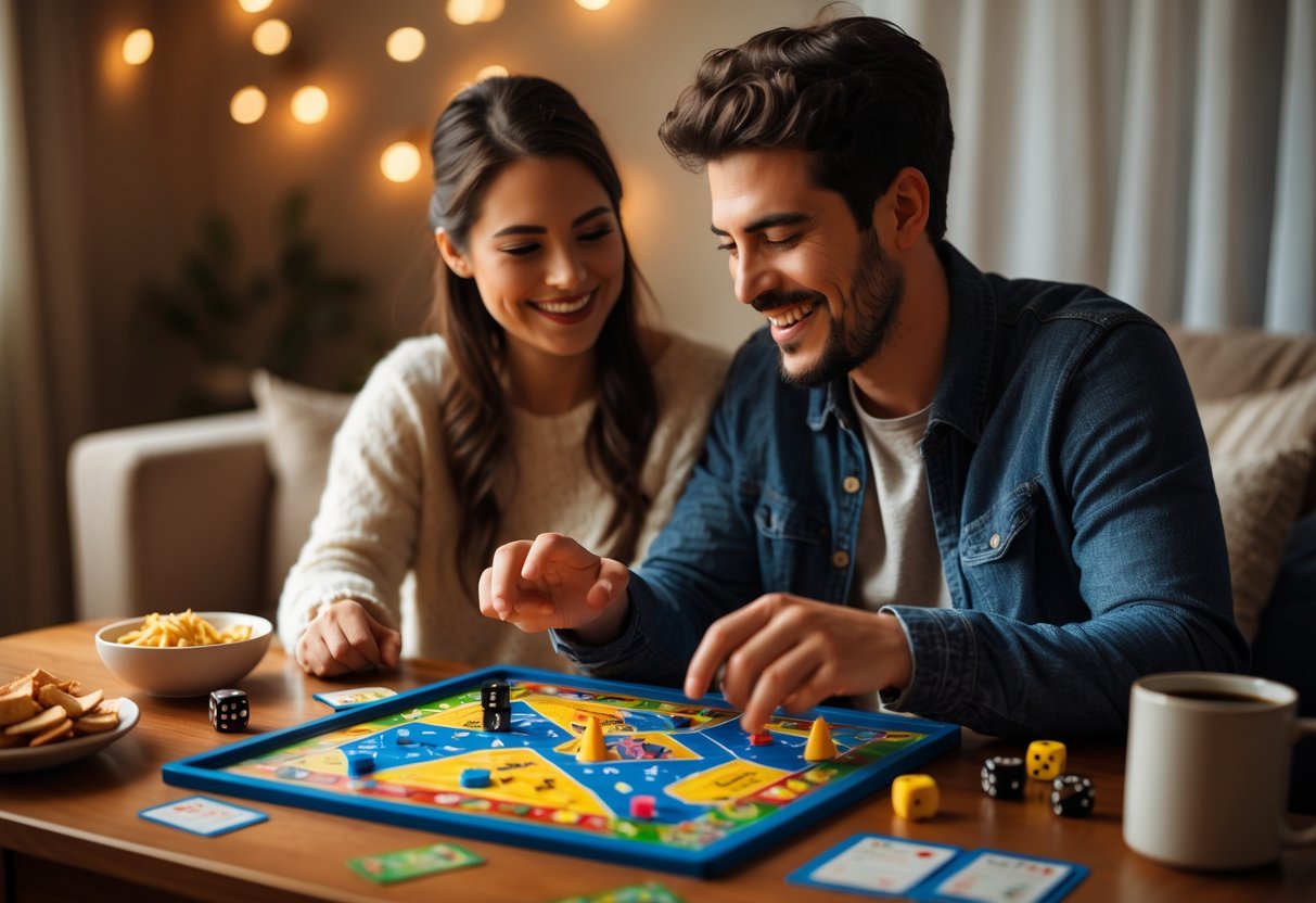 A couple sitting at a table playing a board game together, smiling and enjoying their time indoors.