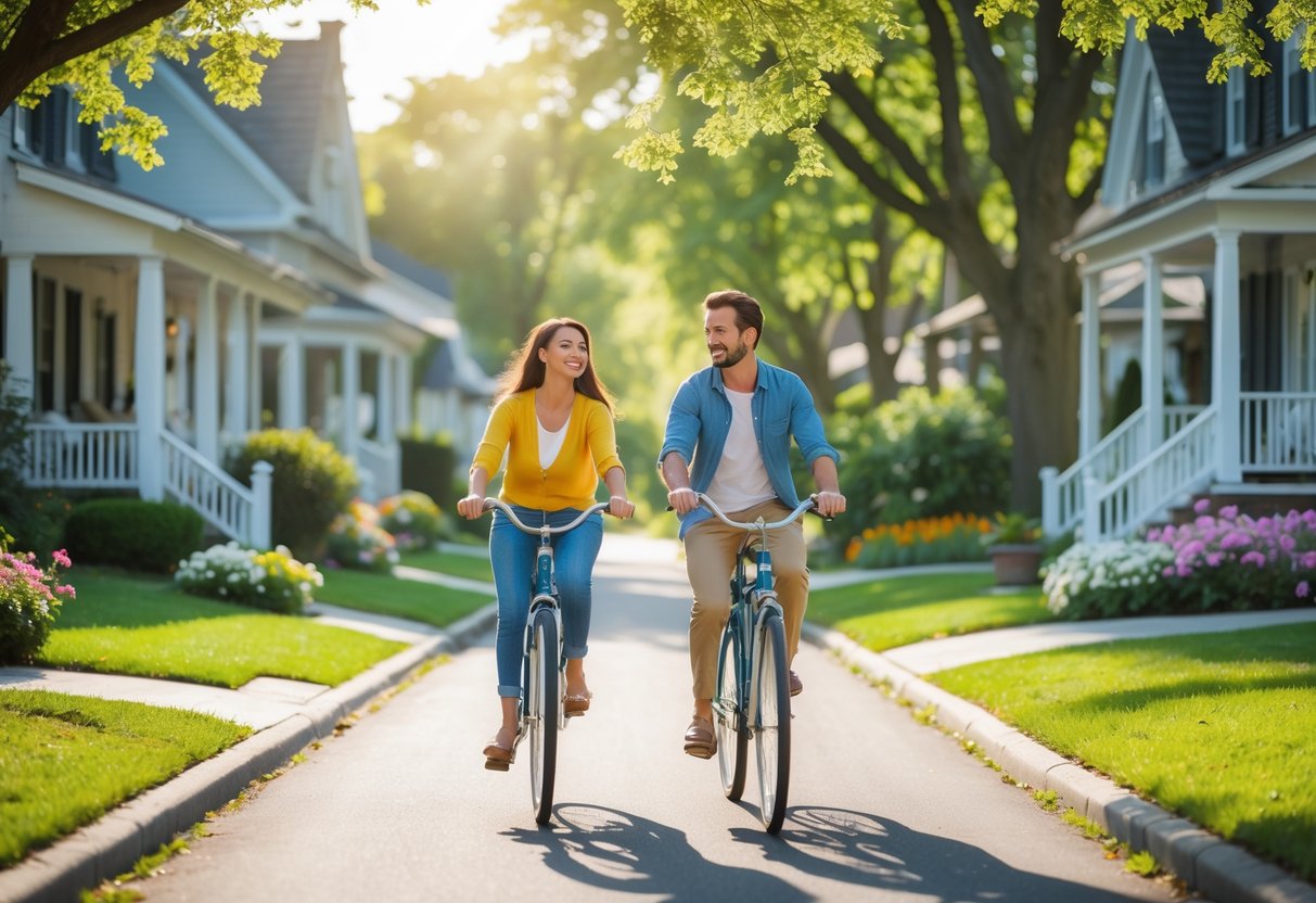 A couple riding bicycles together through a quiet, tree-lined neighborhood street with houses and gardens.