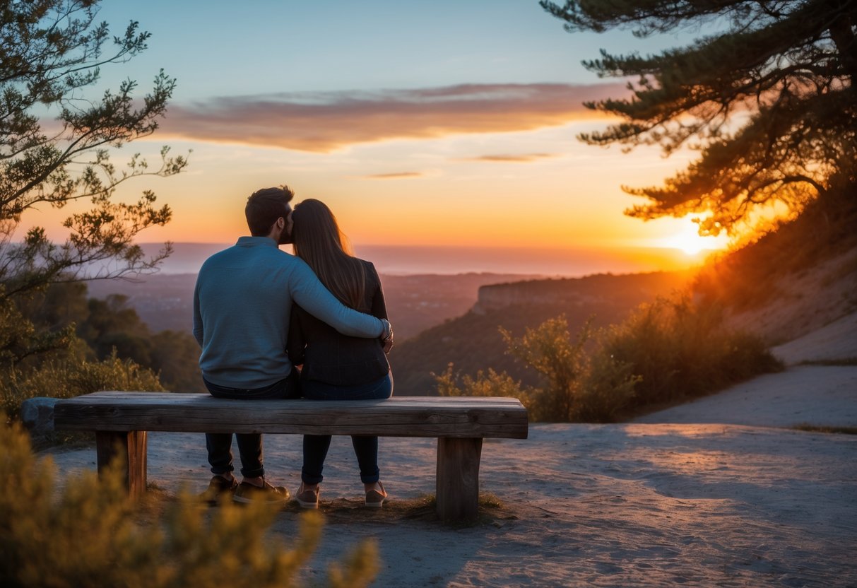 A couple sitting together at a viewpoint watching the sun set over a natural landscape.