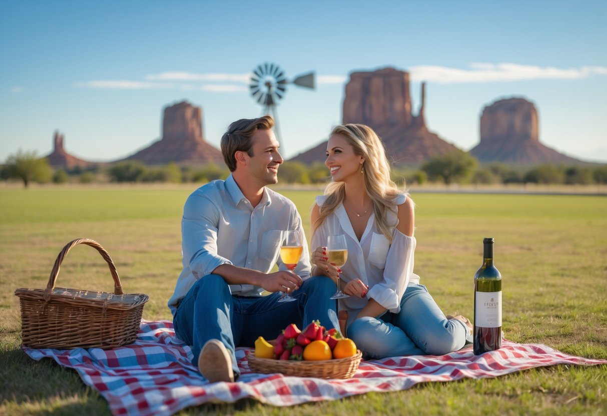 A young couple having a picnic in a sunny park with a windmill and red rock formations in the background.