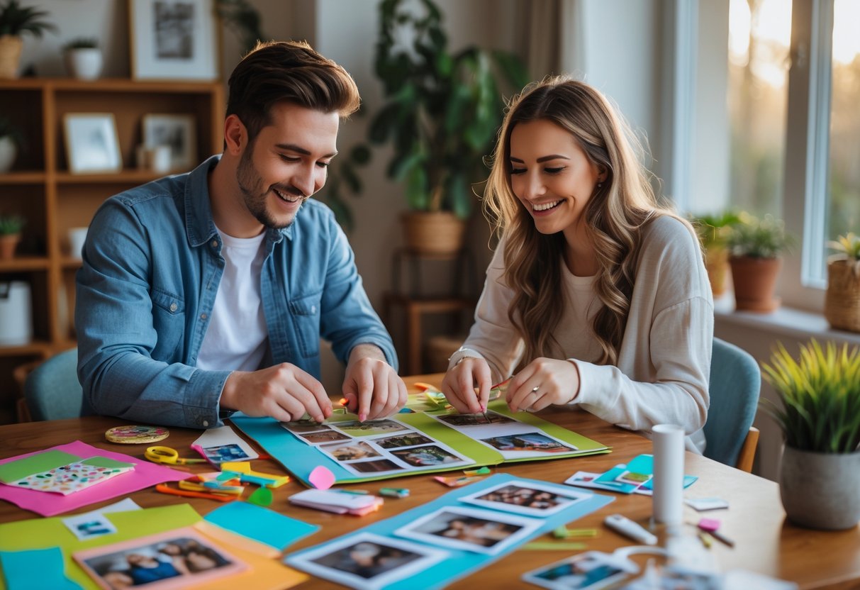 A young couple sitting at a table making a scrapbook with photos and craft supplies in a cozy, well-lit room.