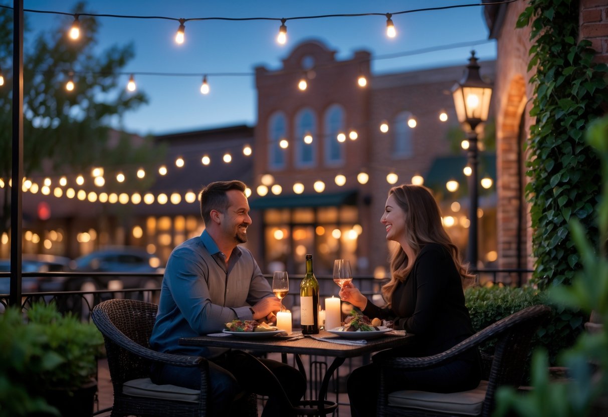 A couple enjoying a romantic dinner at an outdoor restaurant patio in a charming downtown area during twilight.